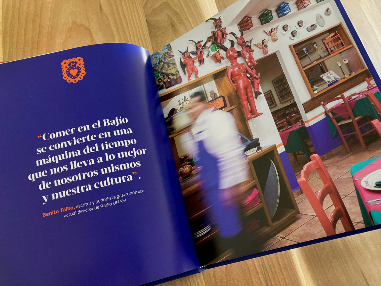 Open spread of the book El Bajio, 50 Years of Traditional Mexican Cuisine.