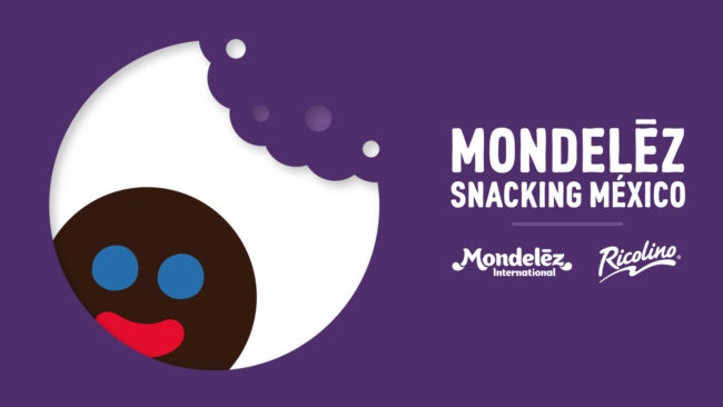 Mondelez Snacking Mexico identity. A purple background with a bitten and crumbs cookie shape with a Happy Face inside and Mondelez Snacking Mexico white logo on the side.
