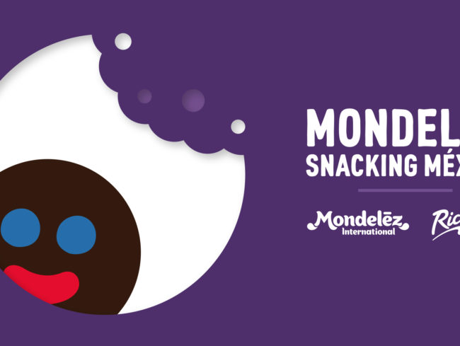 Mondelez Snacking Mexico identity. A purple background with a bitten and crumbs cookie shape with a Happy Face inside and Mondelez Snacking Mexico white logo on the side.